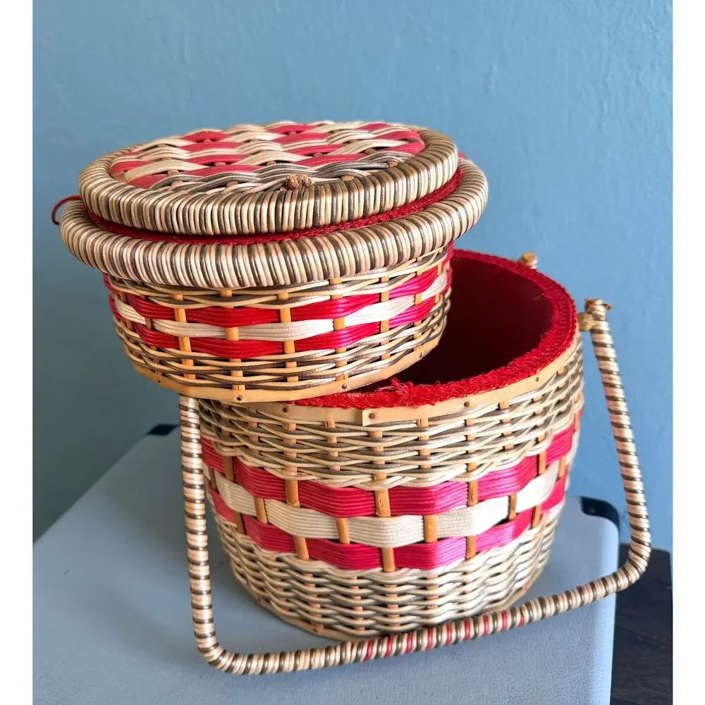 1950s Wicker Sewing Basket 2 Tier Double Box Purse Red Tufted Tray Pull Out